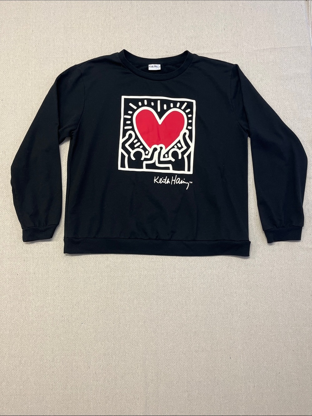 Keith Haring Heart Graphic Sweatshirt Black Women’s Large Art Pop Crewneck